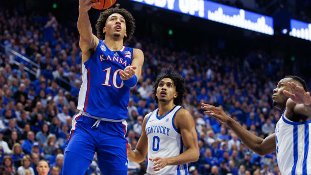 Jan 28, 2023; Lexington, Kentucky, USA; Kansas Jayhawks forward Jalen Wilson (10) goes to the basket during the first half against the Kentucky Wildcats at Rupp Arena at Central Bank Center.